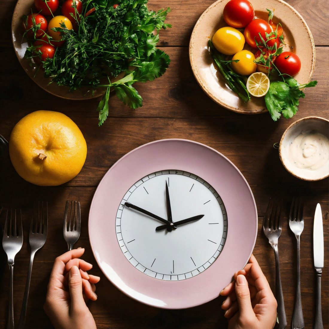 person-is-sitting-table-with-clock-bowl-fruit-vegetables